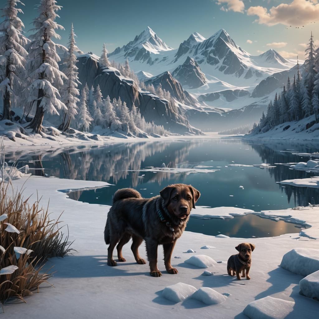 Dog and Puppy at Frozen Lake: Digital Painting