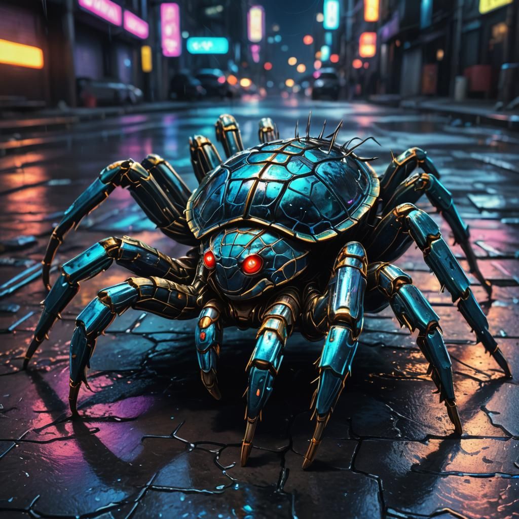 Cyberpunk Anime Spider-Turtle Close-Up in Neon City