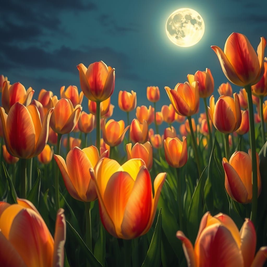 Magical Realism Tulips Under Luminous Full Moon