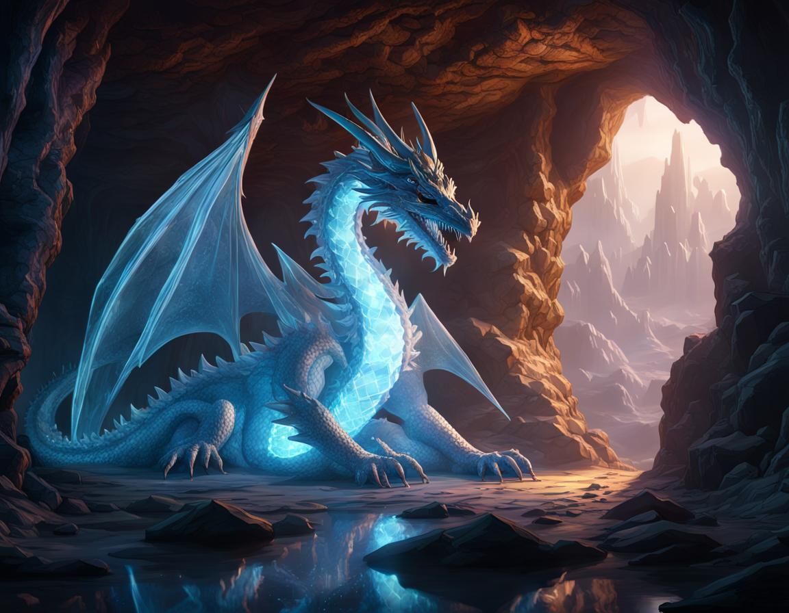 A crystal cave with a giant crystal dragon.