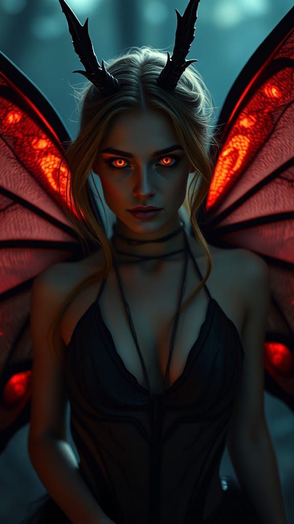 Ethereal Mothwoman with Glowing Red Eyes in Cinematic Film S...