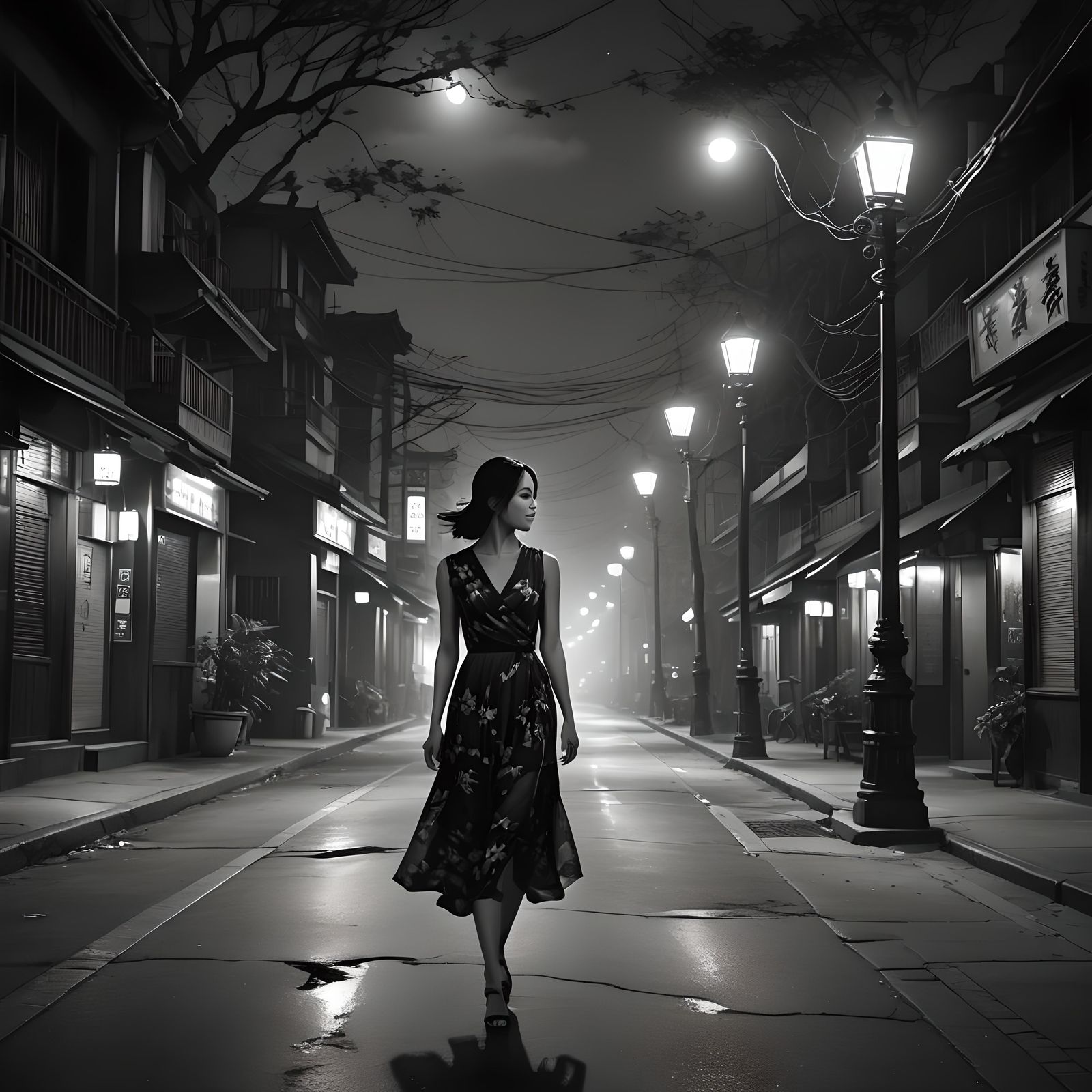 Asian Girl Walks Alone at Night in Black and White