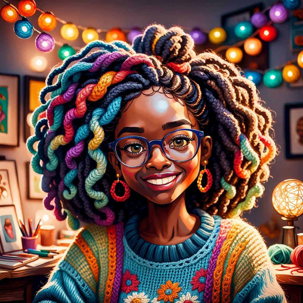 Colorful Caricature of Woman in Cozy Crafting Nook