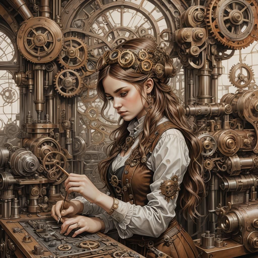 Steampunk Girl in Workshop Pencil Sketch