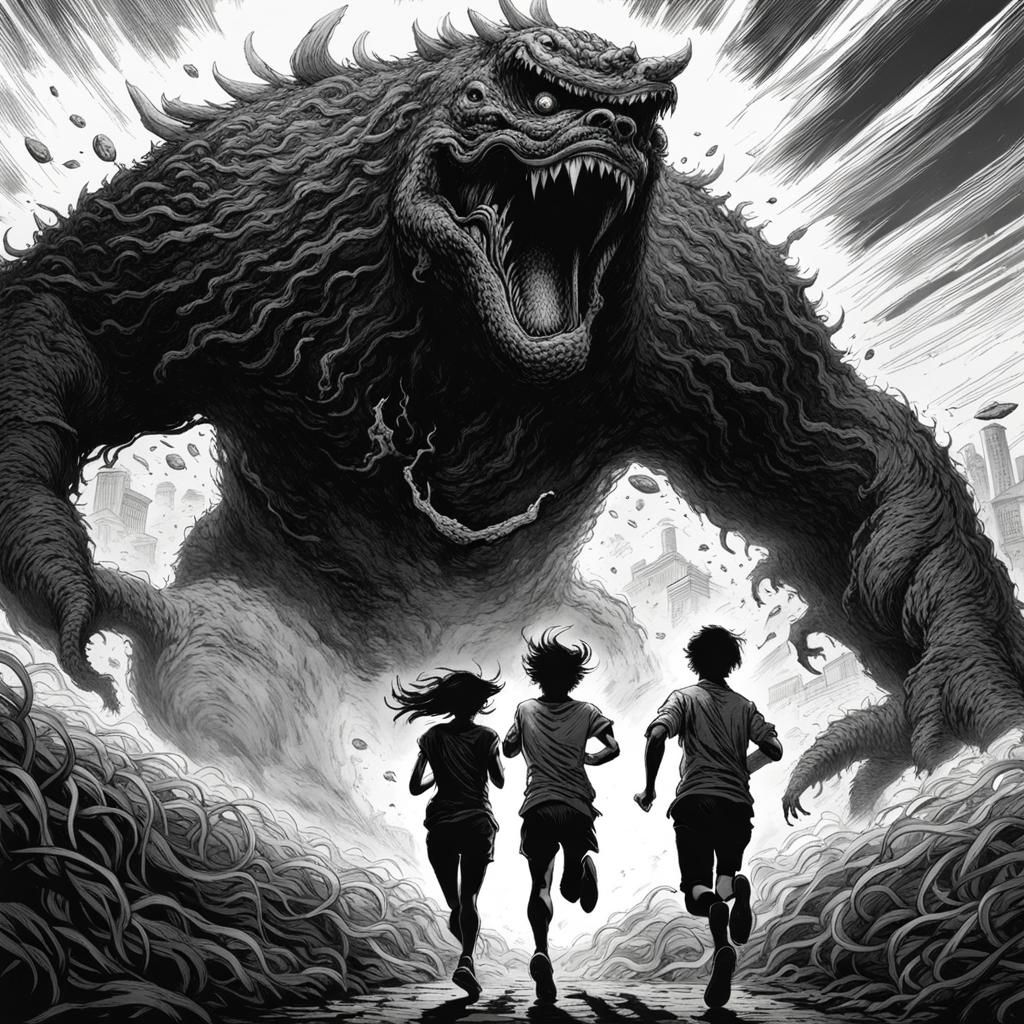 Terrified Teenagers Fleeing Ramen Monster in Ink Art