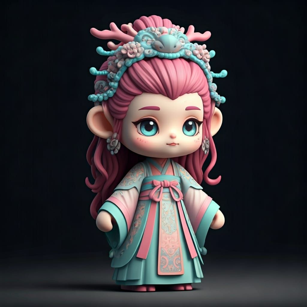 a chibi-style Chinese doll wearing a colorful and intricate traditional Hanfu