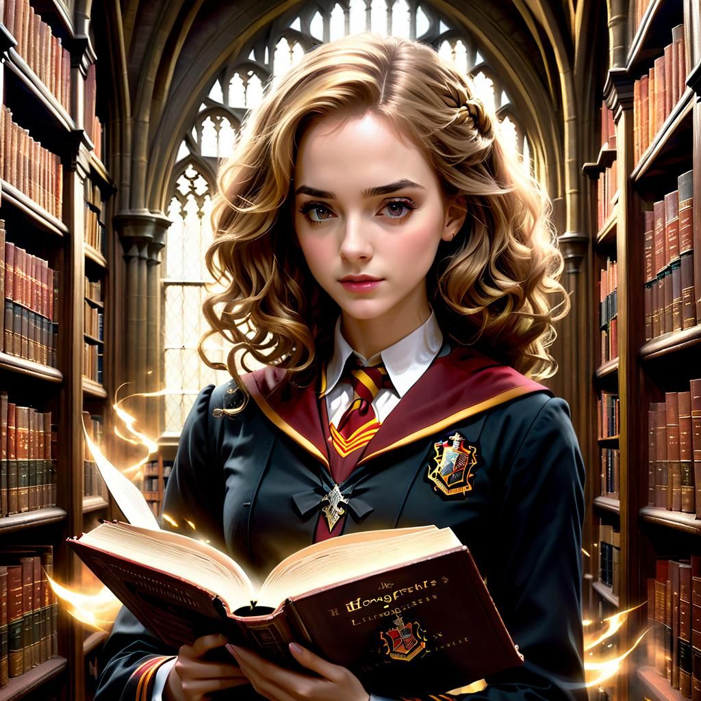 Hermione Granger with a Magical Book in the Hogwarts Library