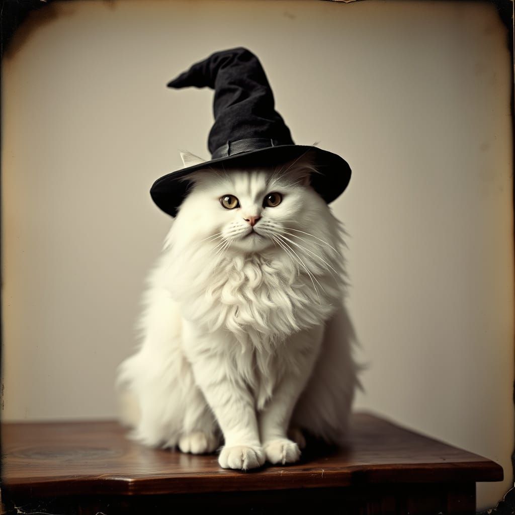 Victorian Persian Cat Portrait in Witch's Hat