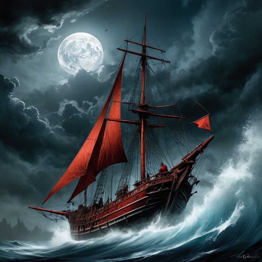 Vibrant Sailboat under a Blood Moon
