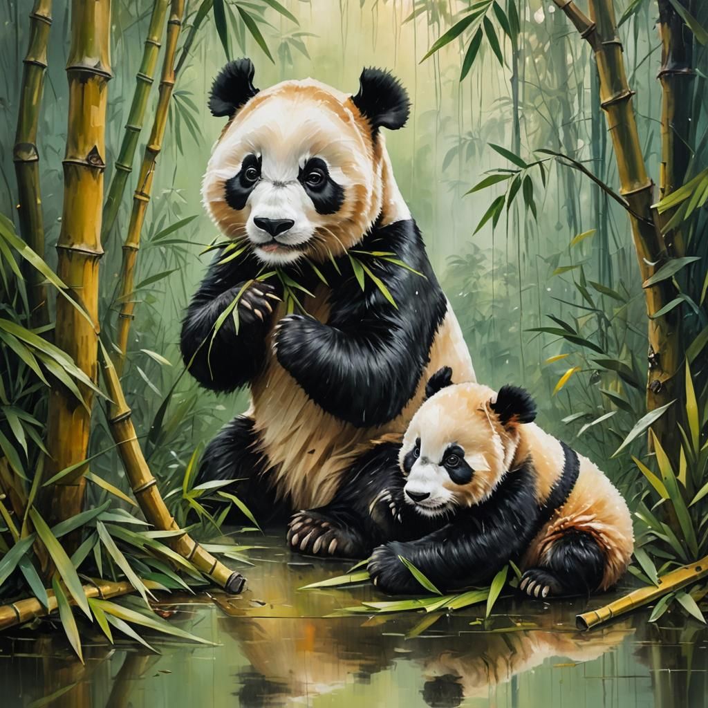 Giant Pandas Sharing Bamboo: Whimsical Oil Painting