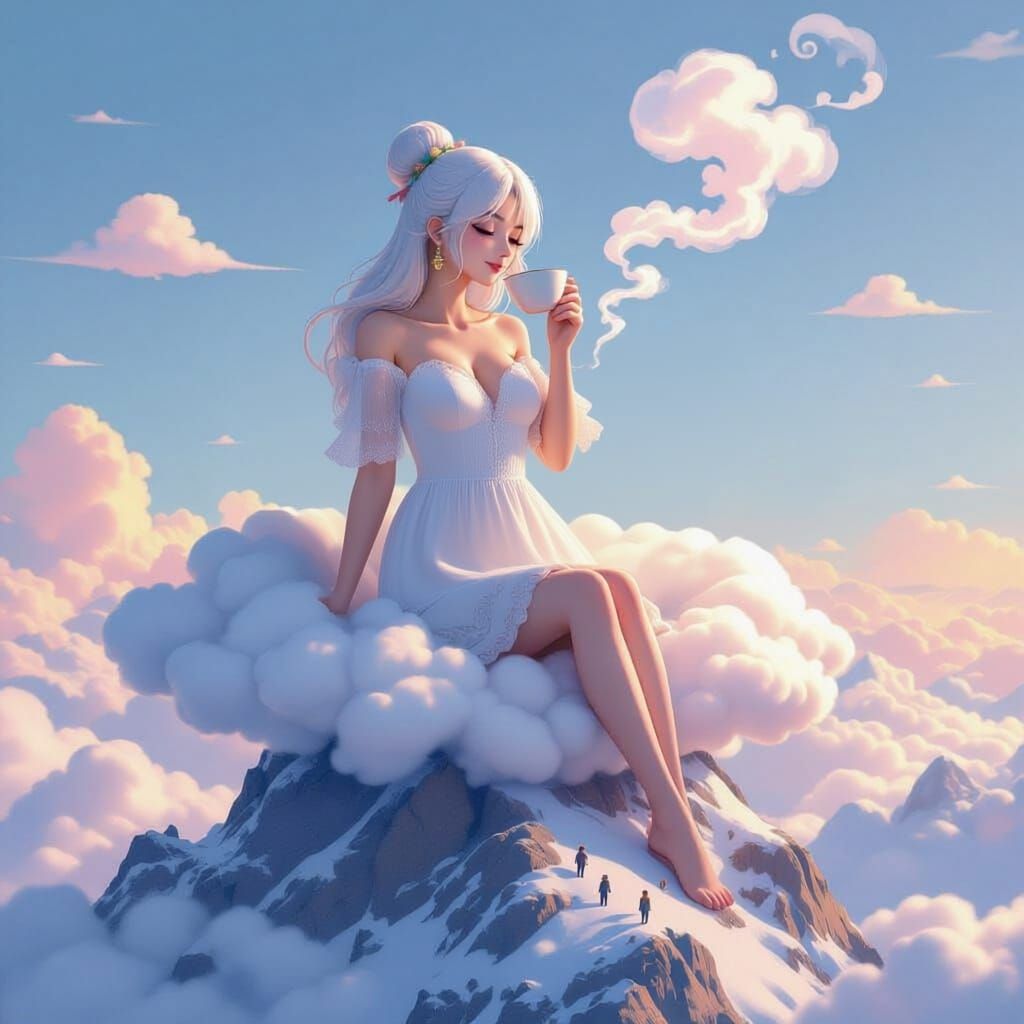 Giant Cloud Woman Sips Tea Atop Mountain Peak