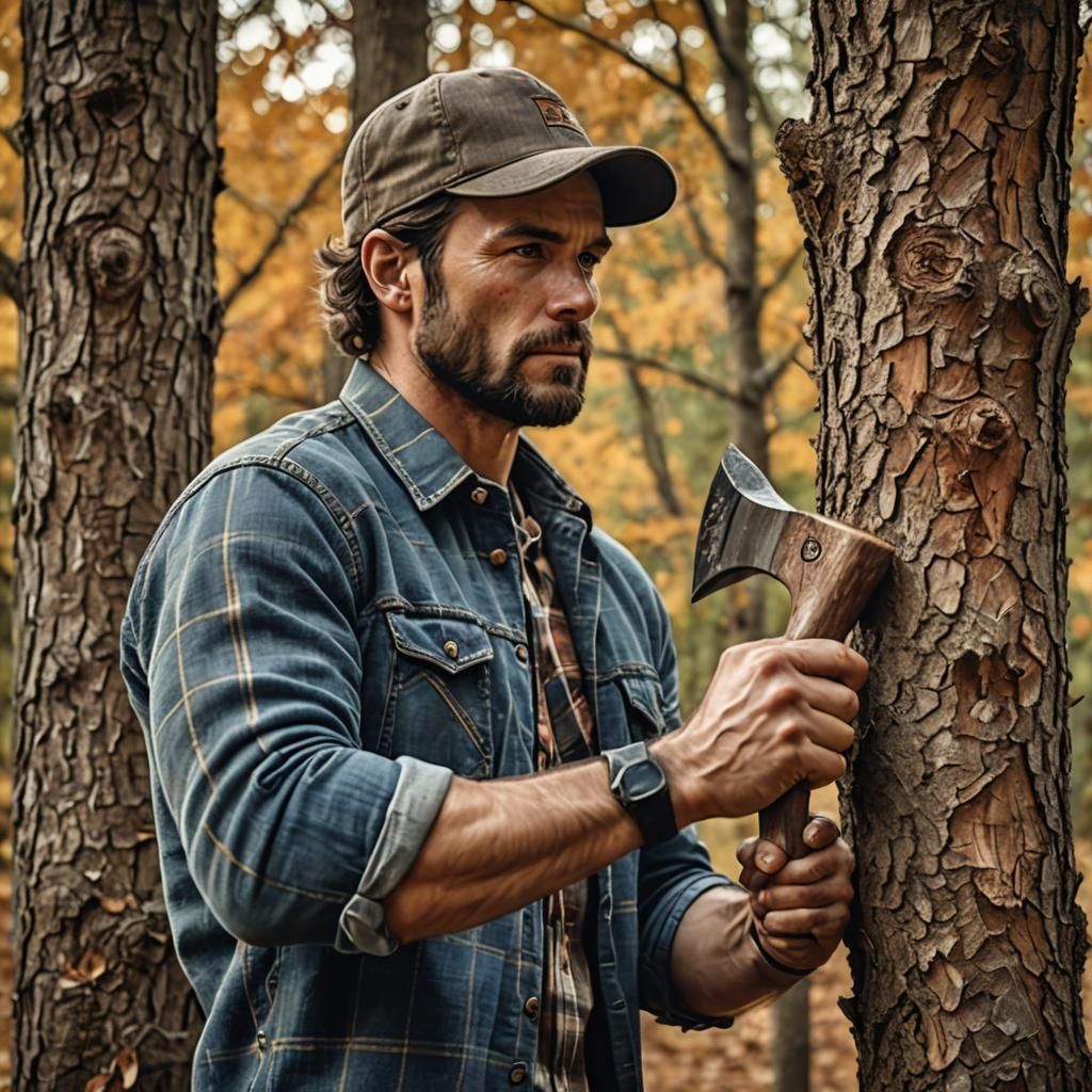 Man Cutting Tree: Hyperrealistic Digital Art Portrait