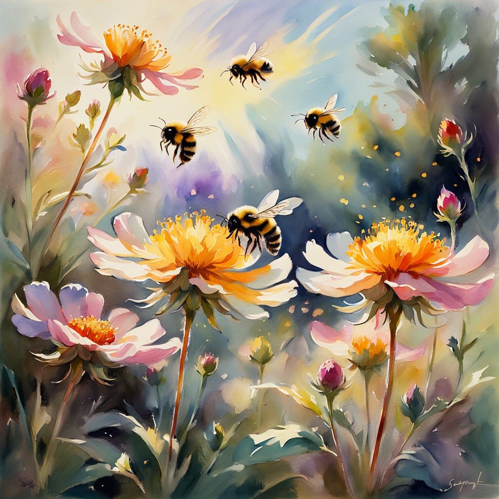 Vibrant Impressionist Bumblebees in Whimsical Watercolor