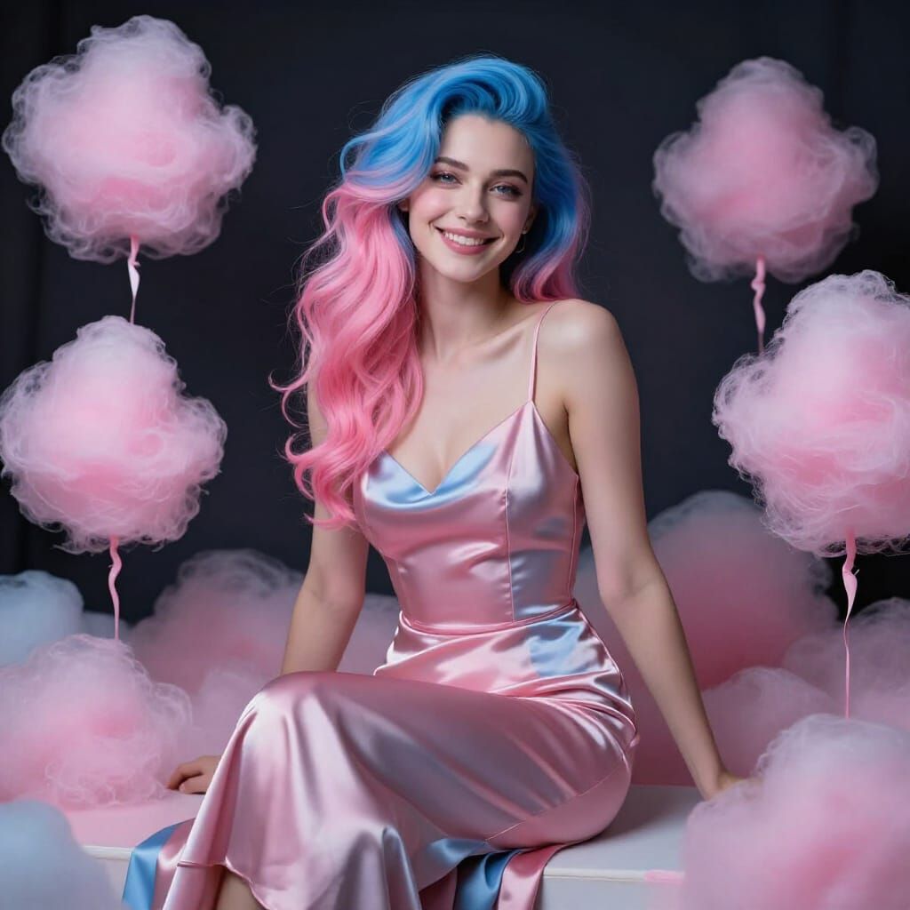 Woman in Silky Gown in Cotton Candy Room