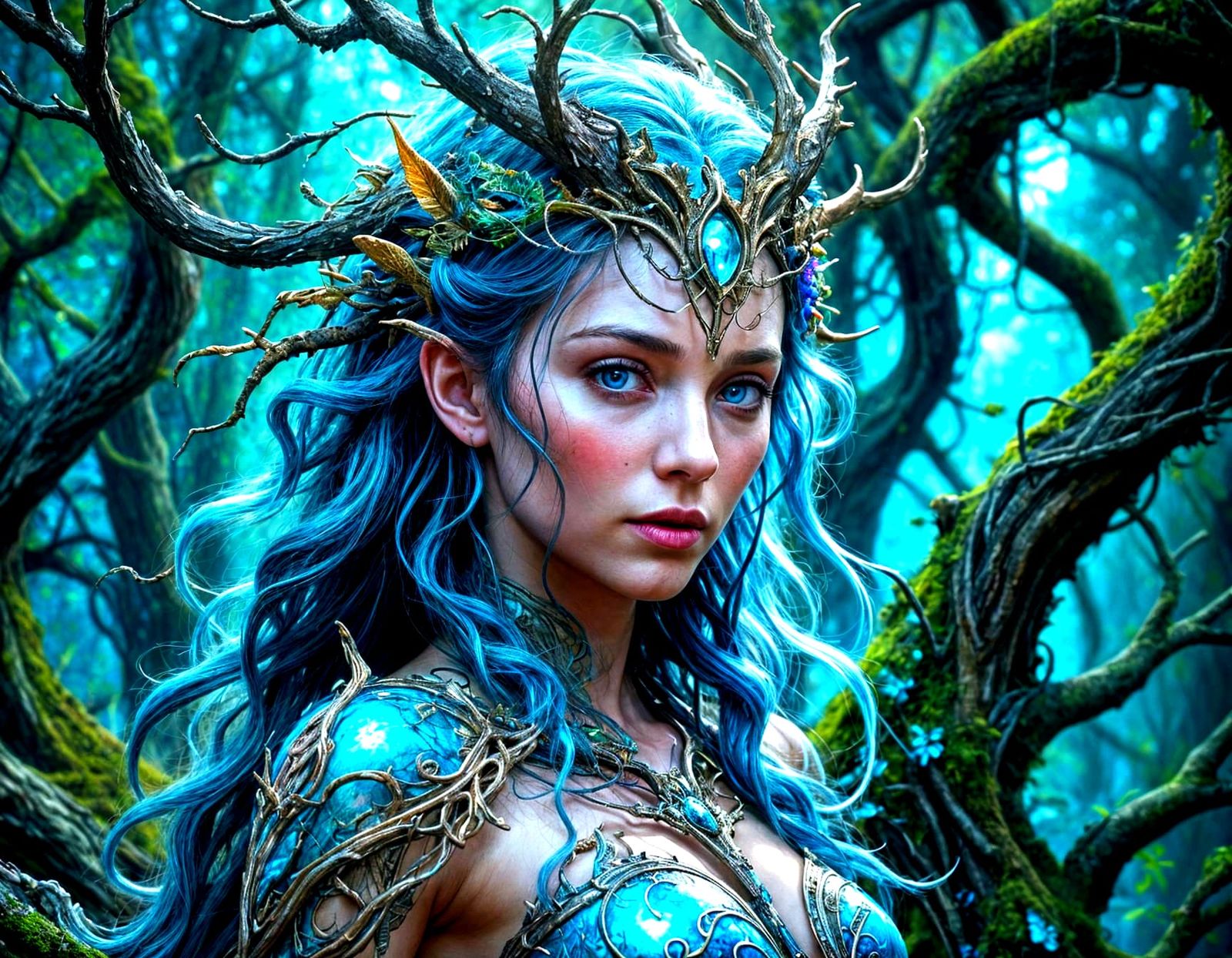 Ethereal Unicorn Amidst Gnarled Trees in a Nebular Forest