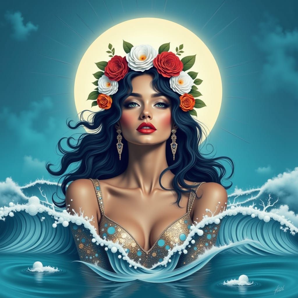 Renaissance Woman Emerges from Ocean in Surreal Collage