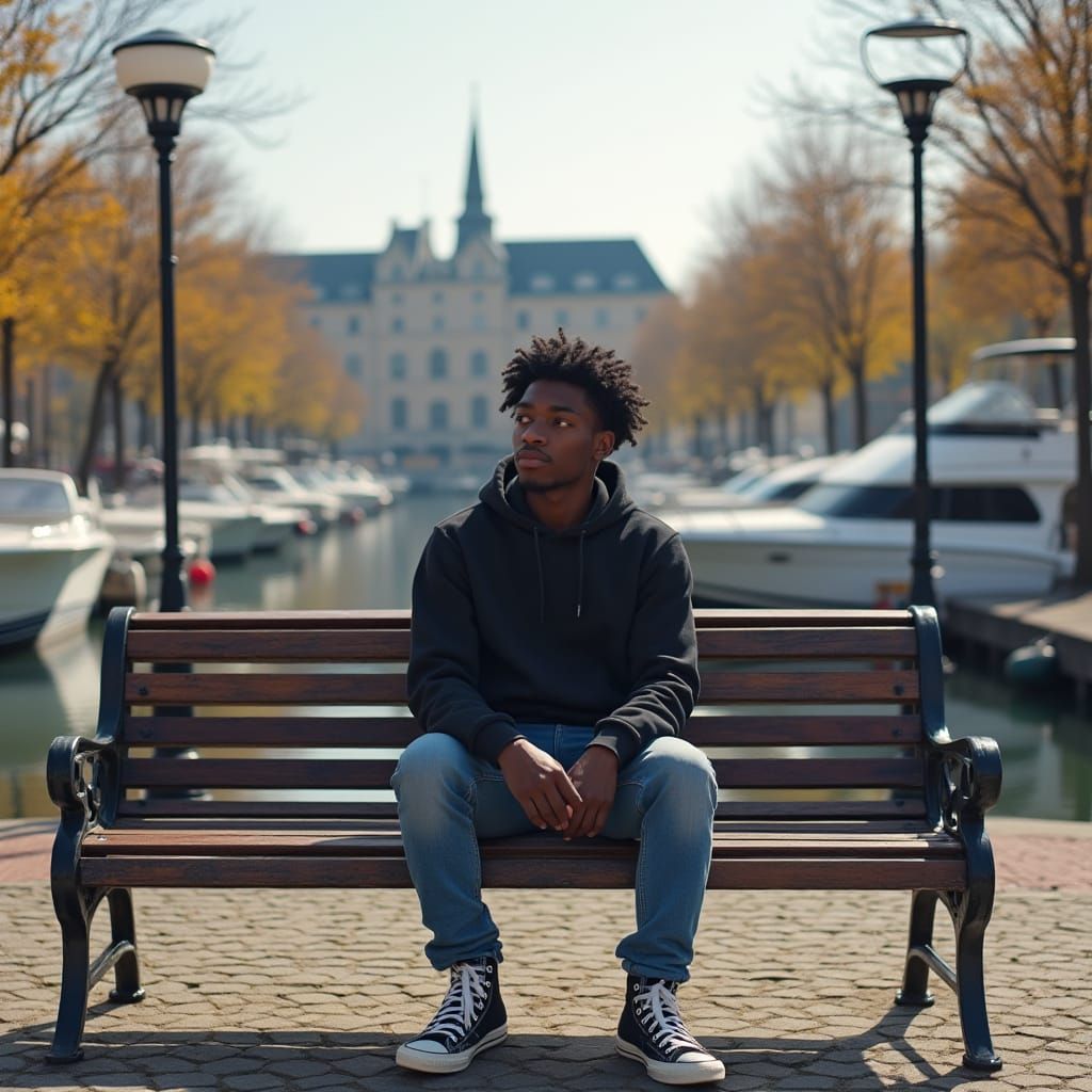 African American Man on Park Bench at Harbor