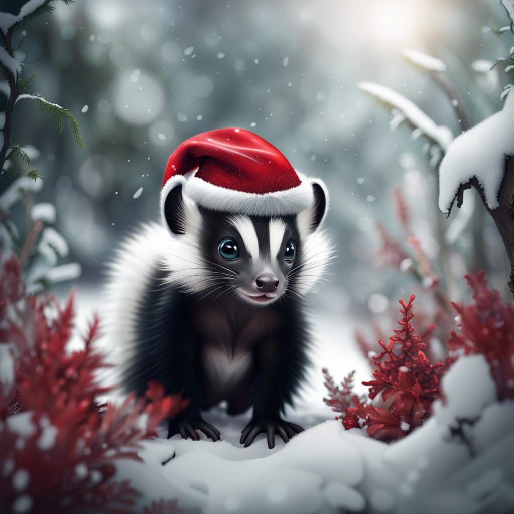 Fluffy Skunk in Santa Hat Amidst Snow