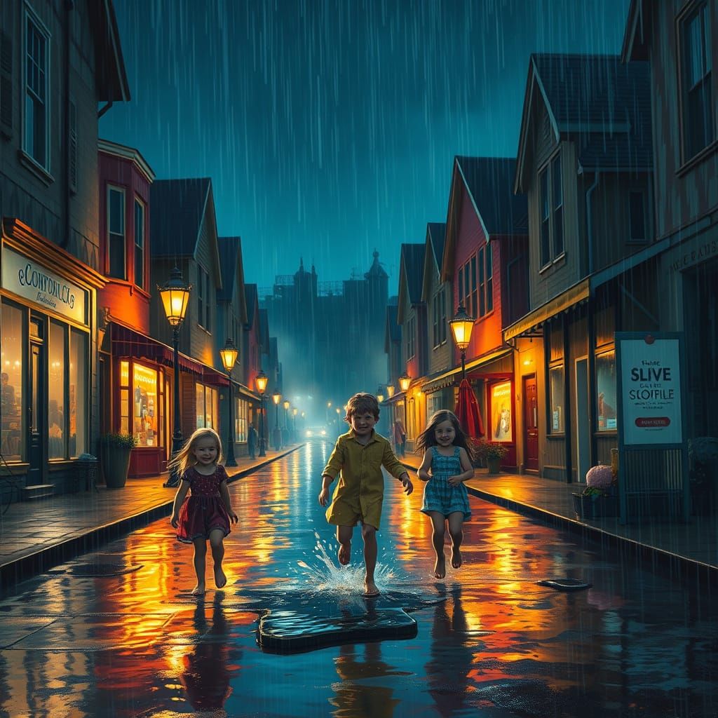 Children Play in Rainy Night Town Square