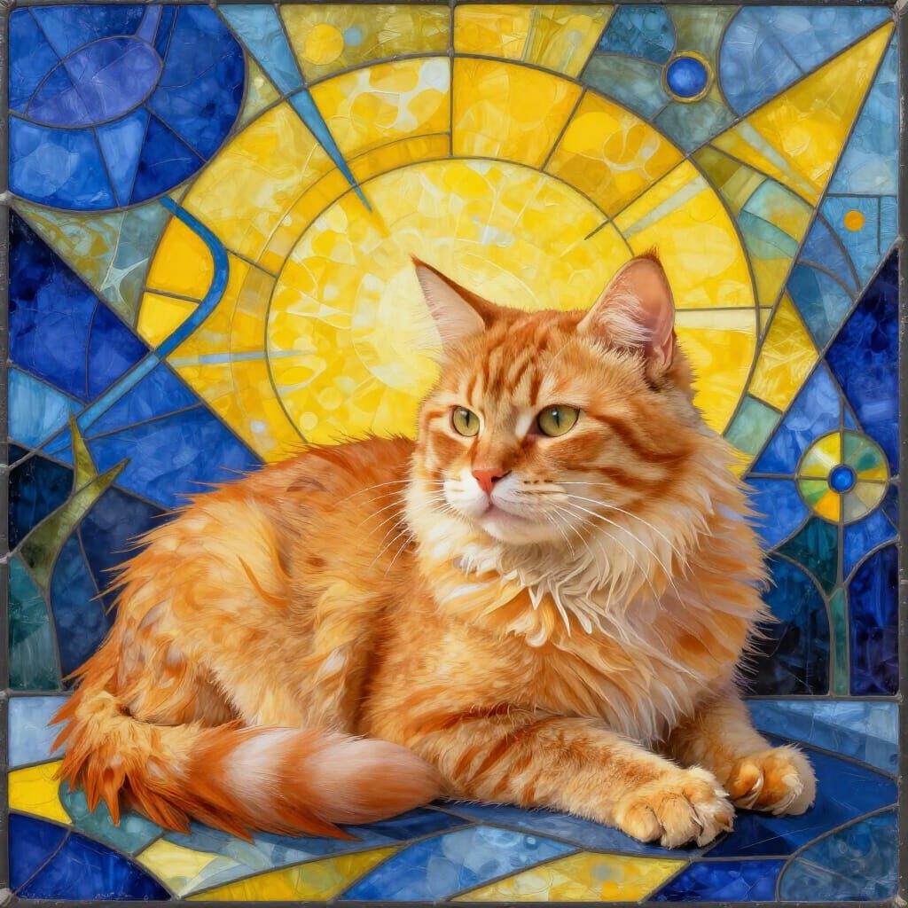 Fluffy Orange Cat in Abstract Geometric Sun