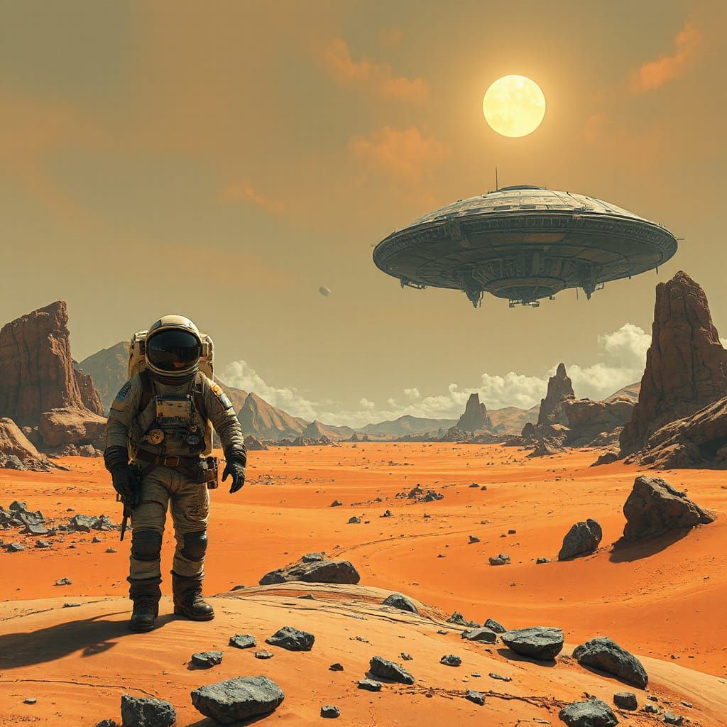 Steampunk Astronaut on Alien Planet with Derelict UFO