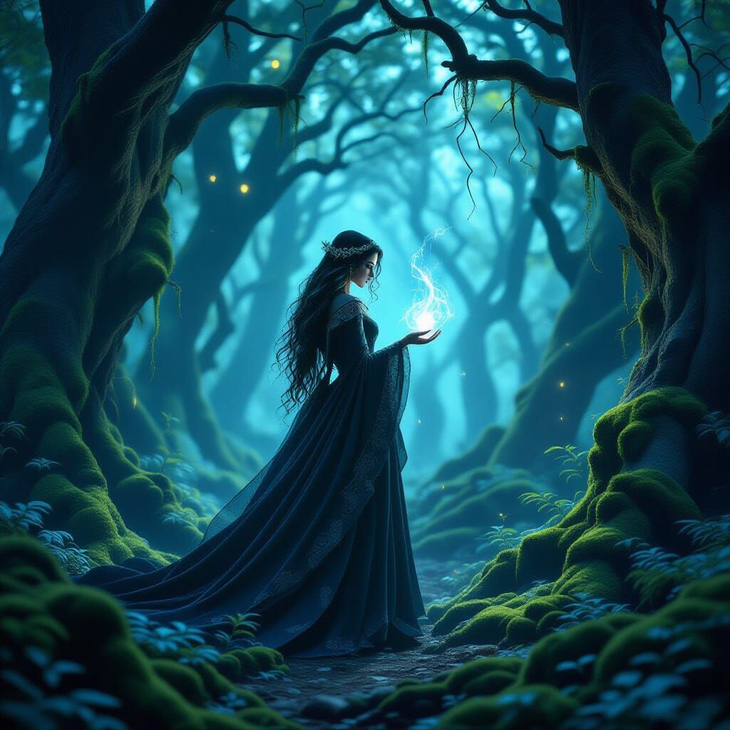 Mystical Magician in Twilight Forest with Ethereal Light