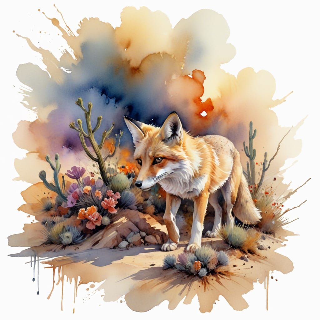 Sleek Desert Fox in Vibrant Watercolor Sunset