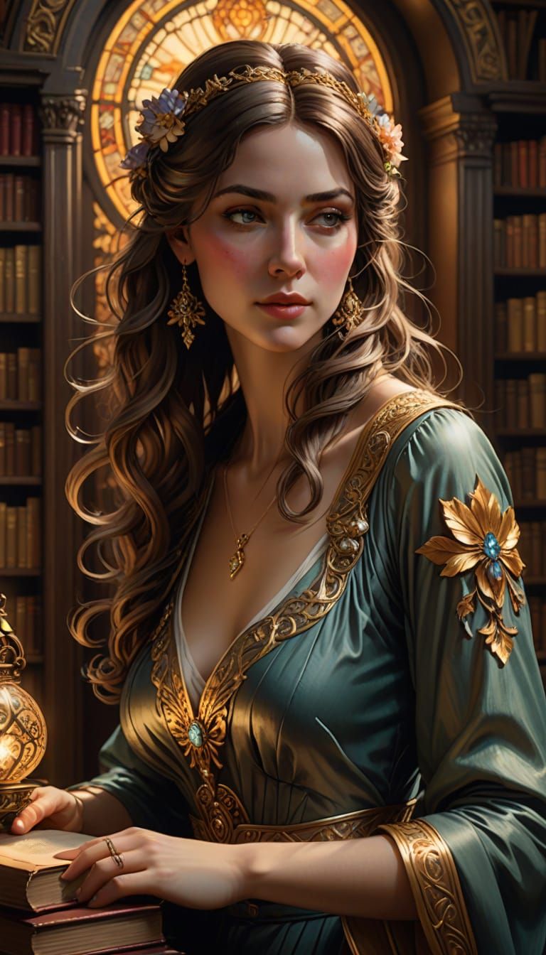 Elegant Young Librarian in Classic Art Nouveau Style