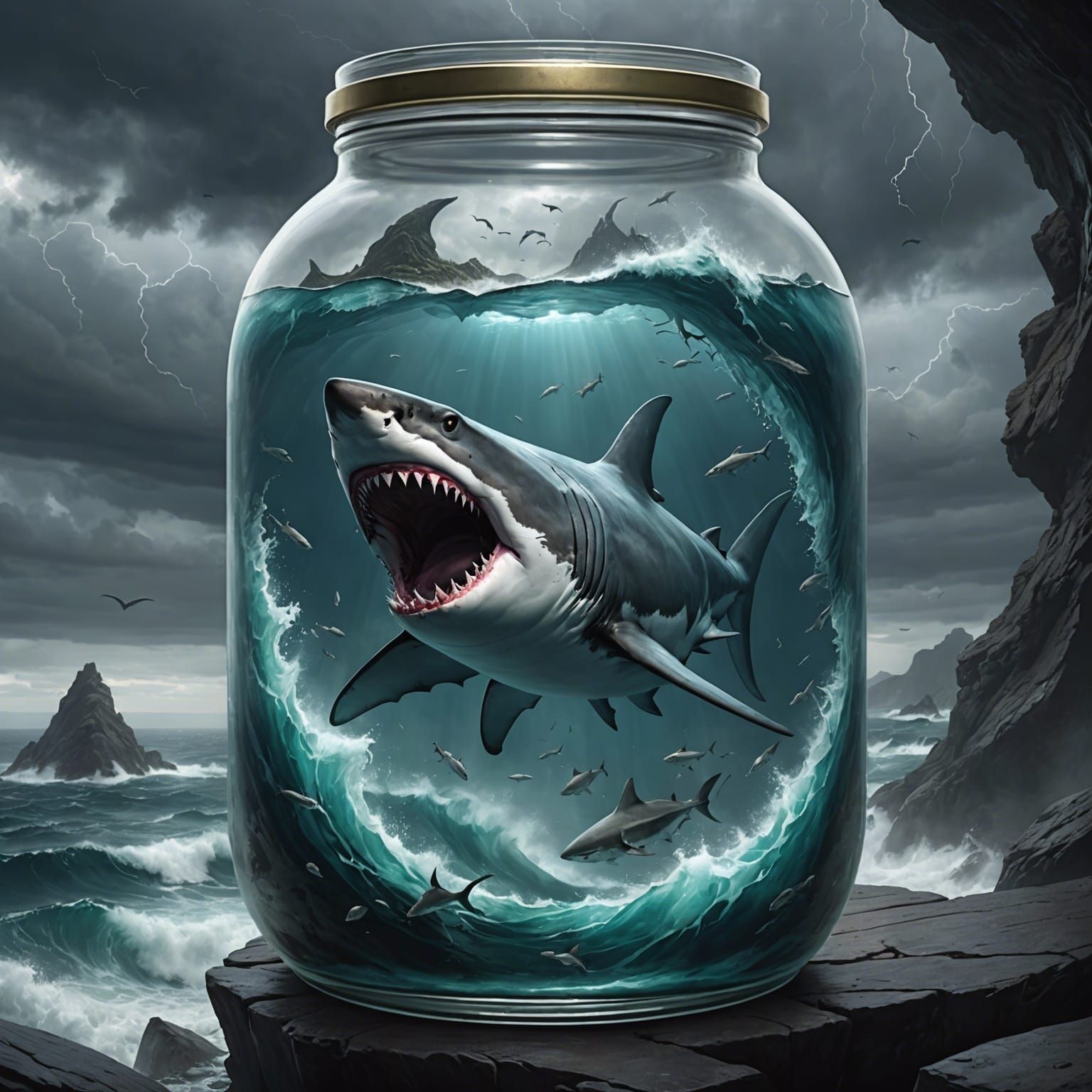 Menacing Shark Trapped in Jar with Stormy Seascape