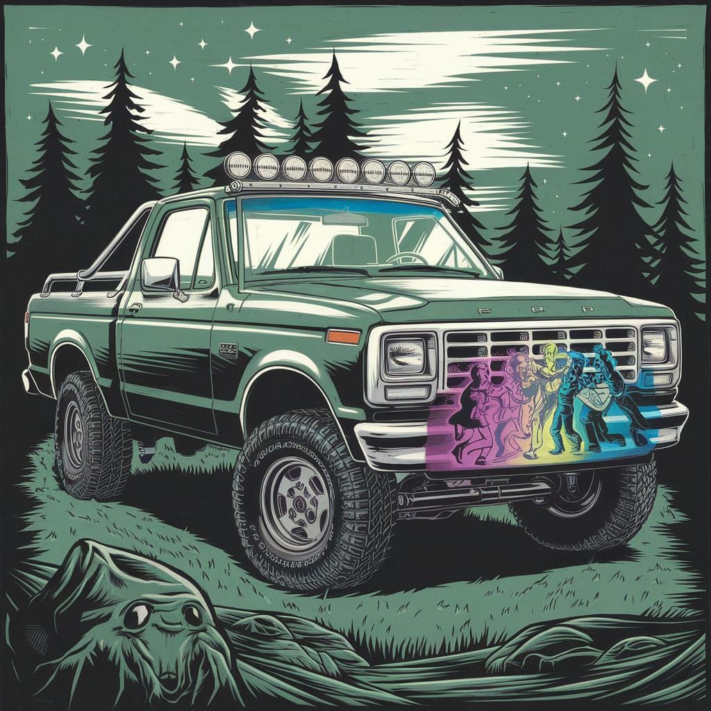 Dark Forest Green Ford Ranger with Rave Scene Woodcut