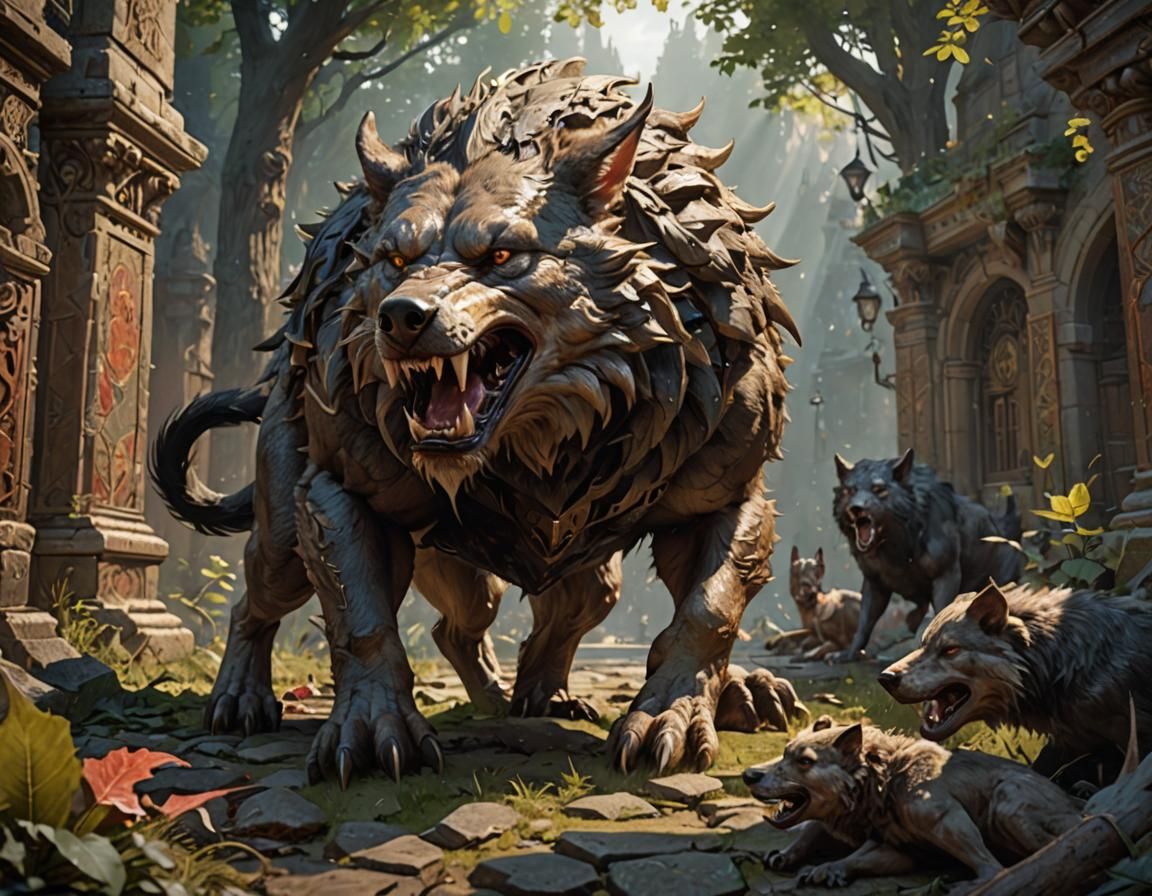 wolf_boar hybrid, large fangs, chimera