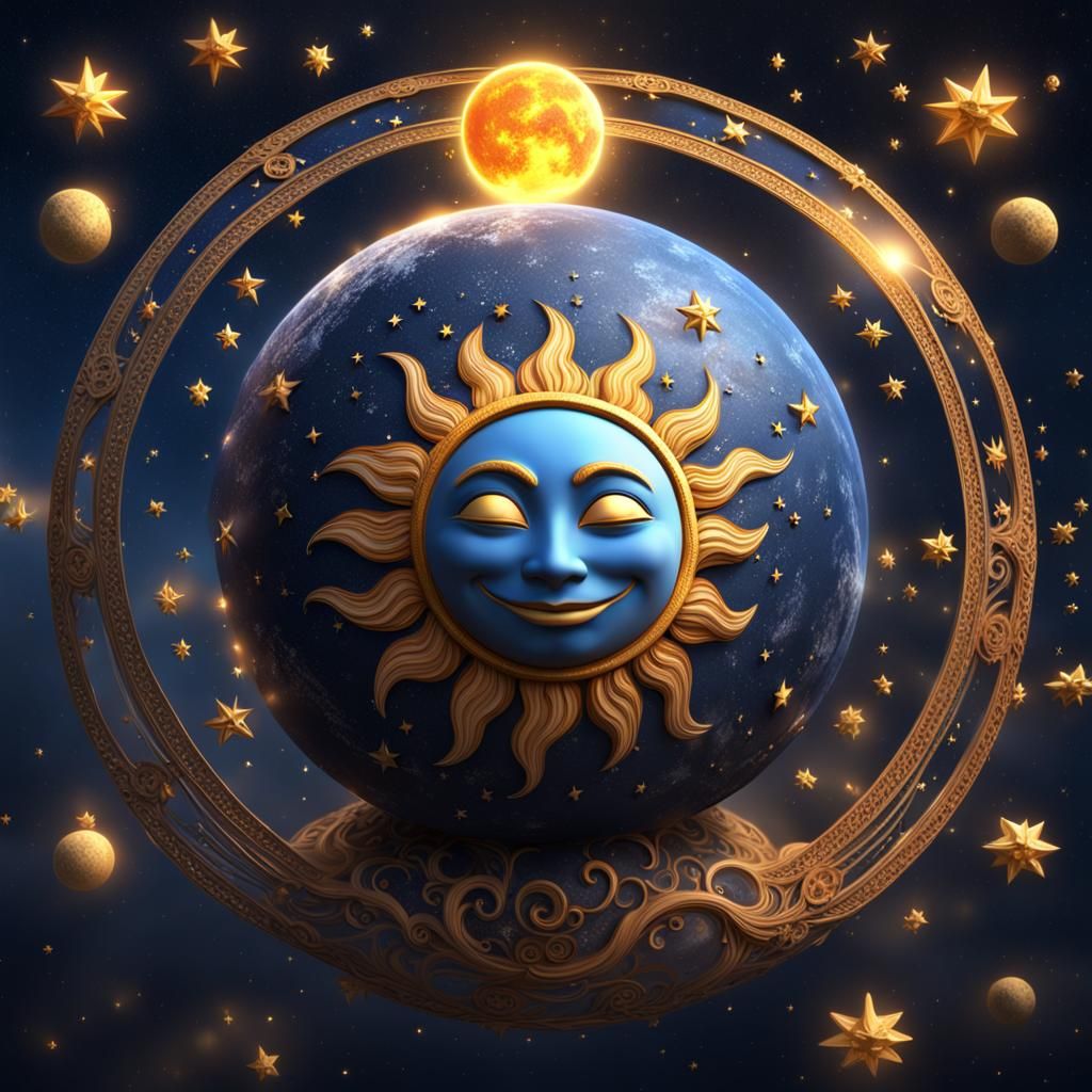 Smiling Sun and Moon in Starry Sky