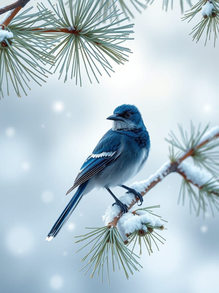 Majestic Blue Jay Perched on Snowy Pine Branch