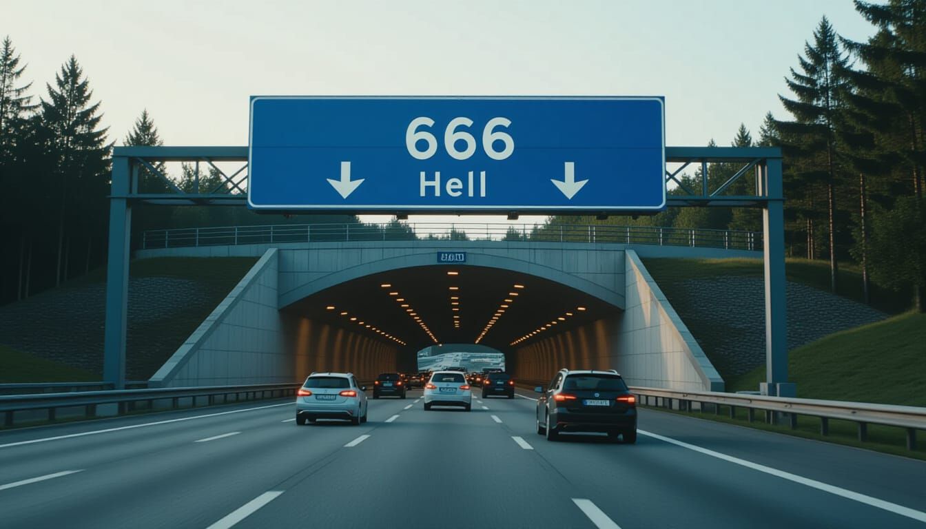 Motorway Tunnel Entrance with Sign '666 Hell'