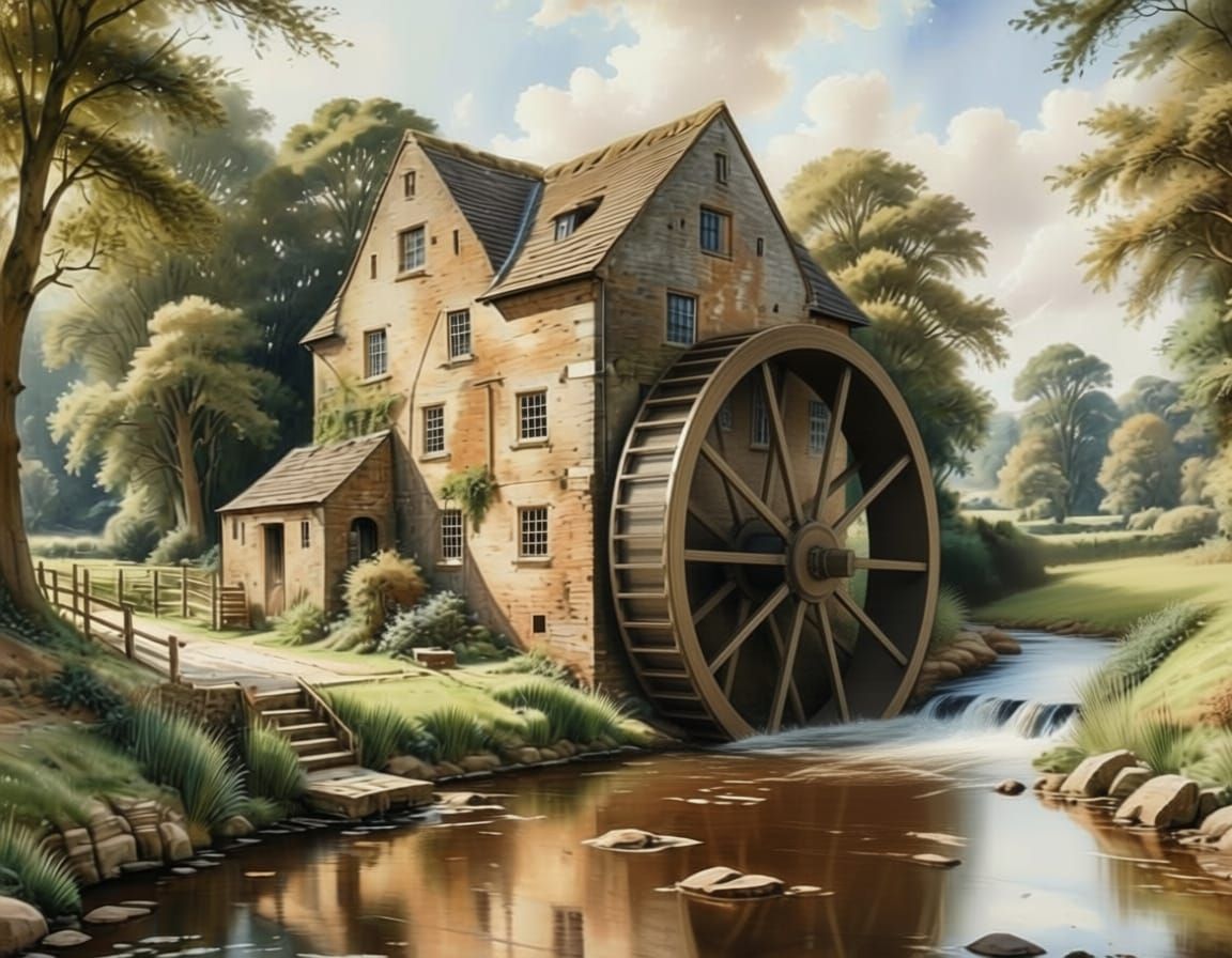 English Countryside Watermill in Watercolor Style
