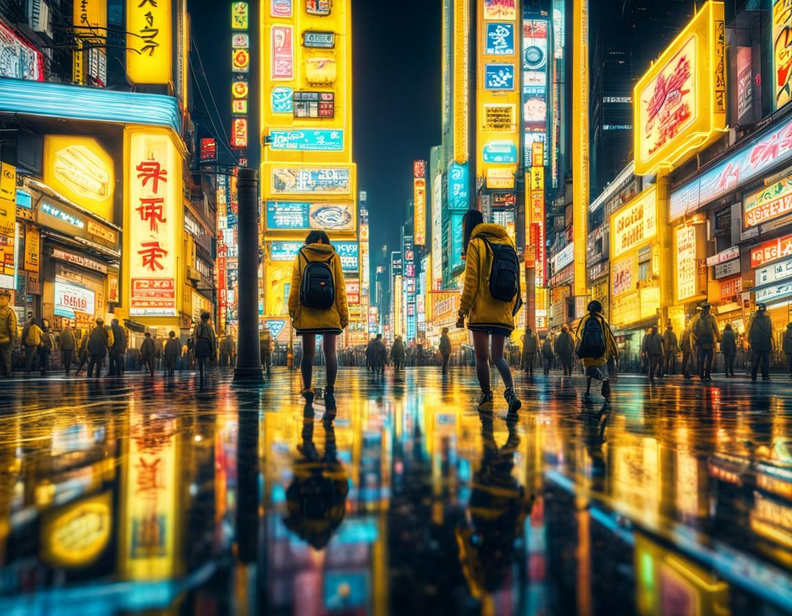 Neon Reflections in a Hyperrealistic Japanese Cityscape