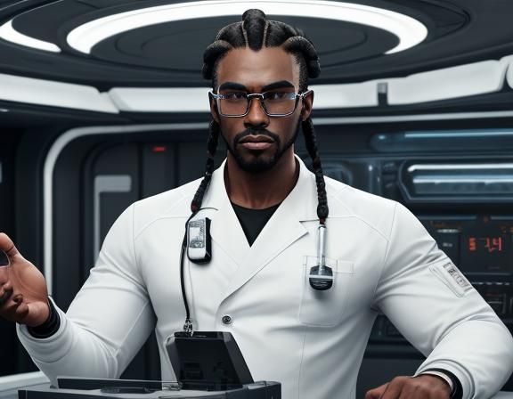 Cybernetic Doctor in Spaceship Infirmary