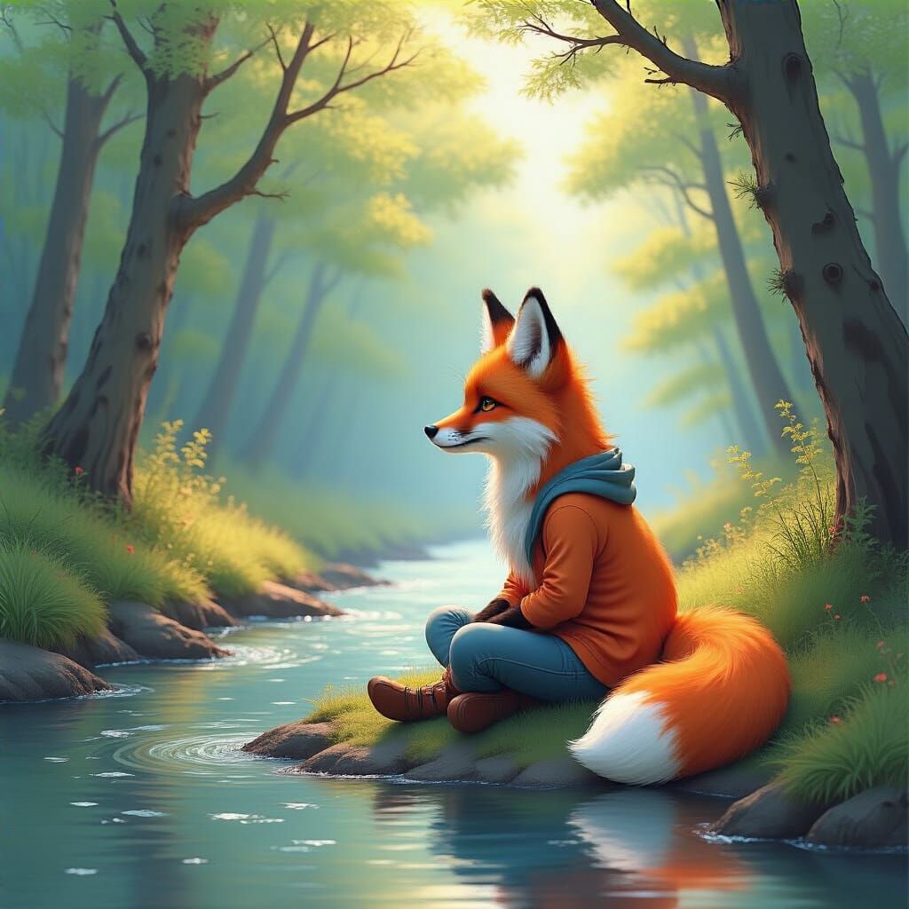 Fox by Riverbank in Fantasy Impressionist Style
