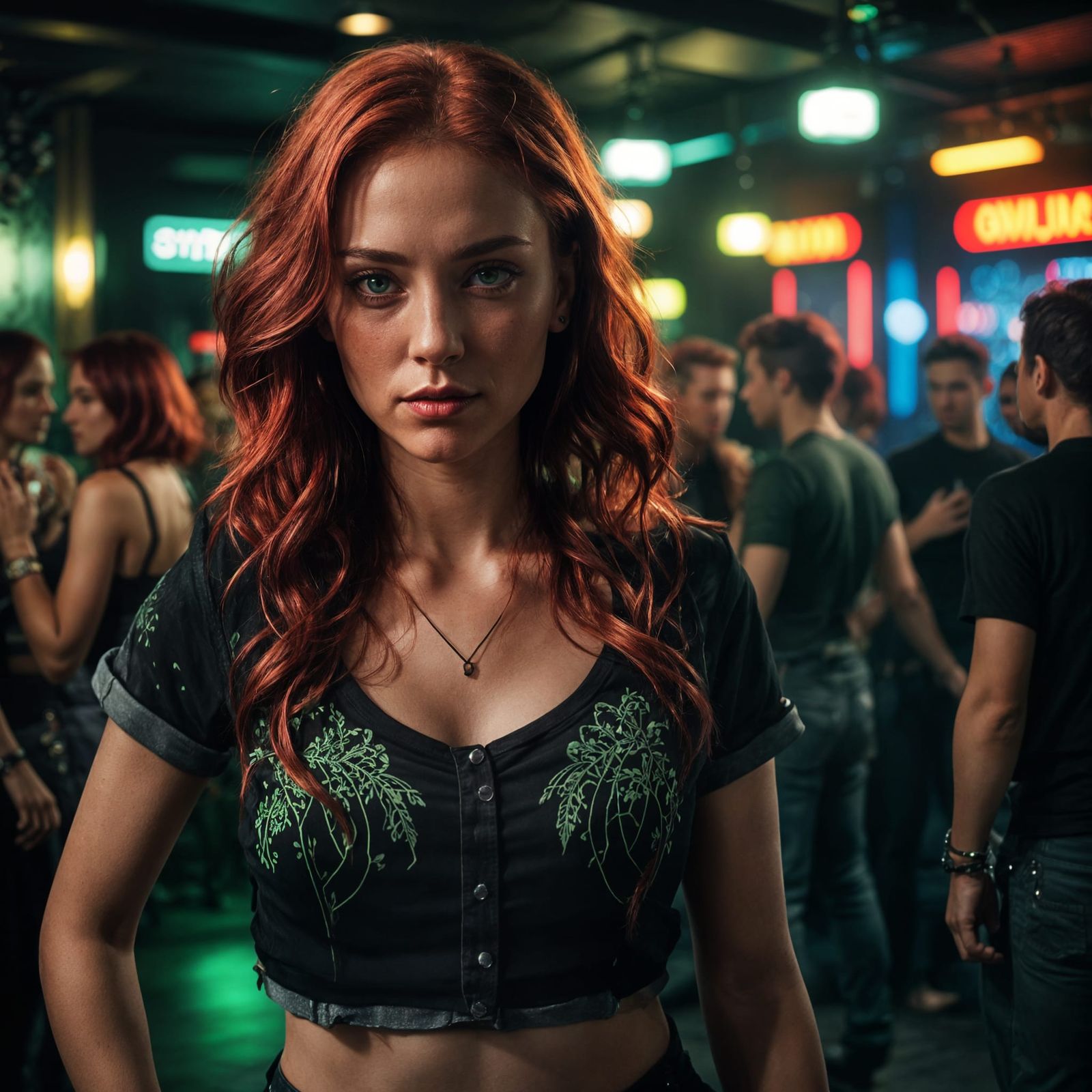 Beautiful Woman with Red Hair in Nightclub