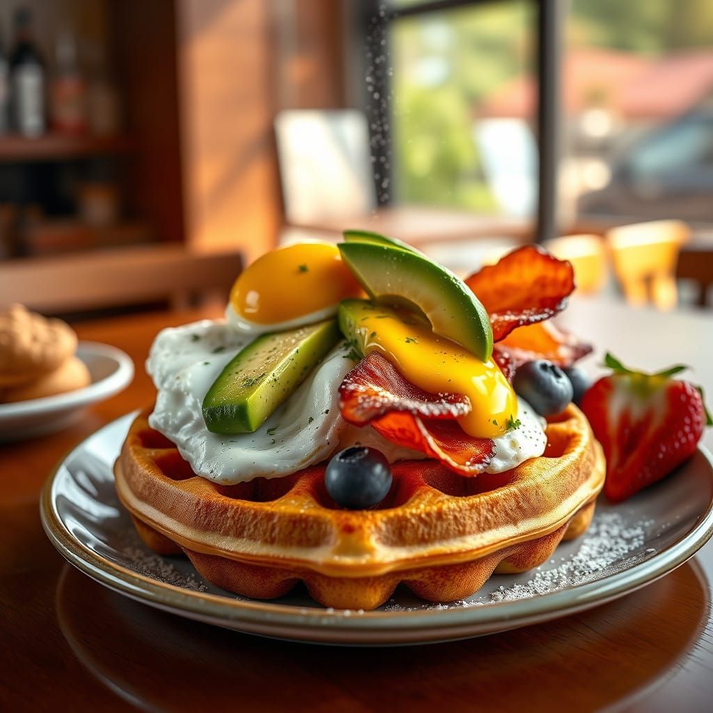 Hyperrealistic Breakfast Masterpiece with Waffle, Eggs, and...