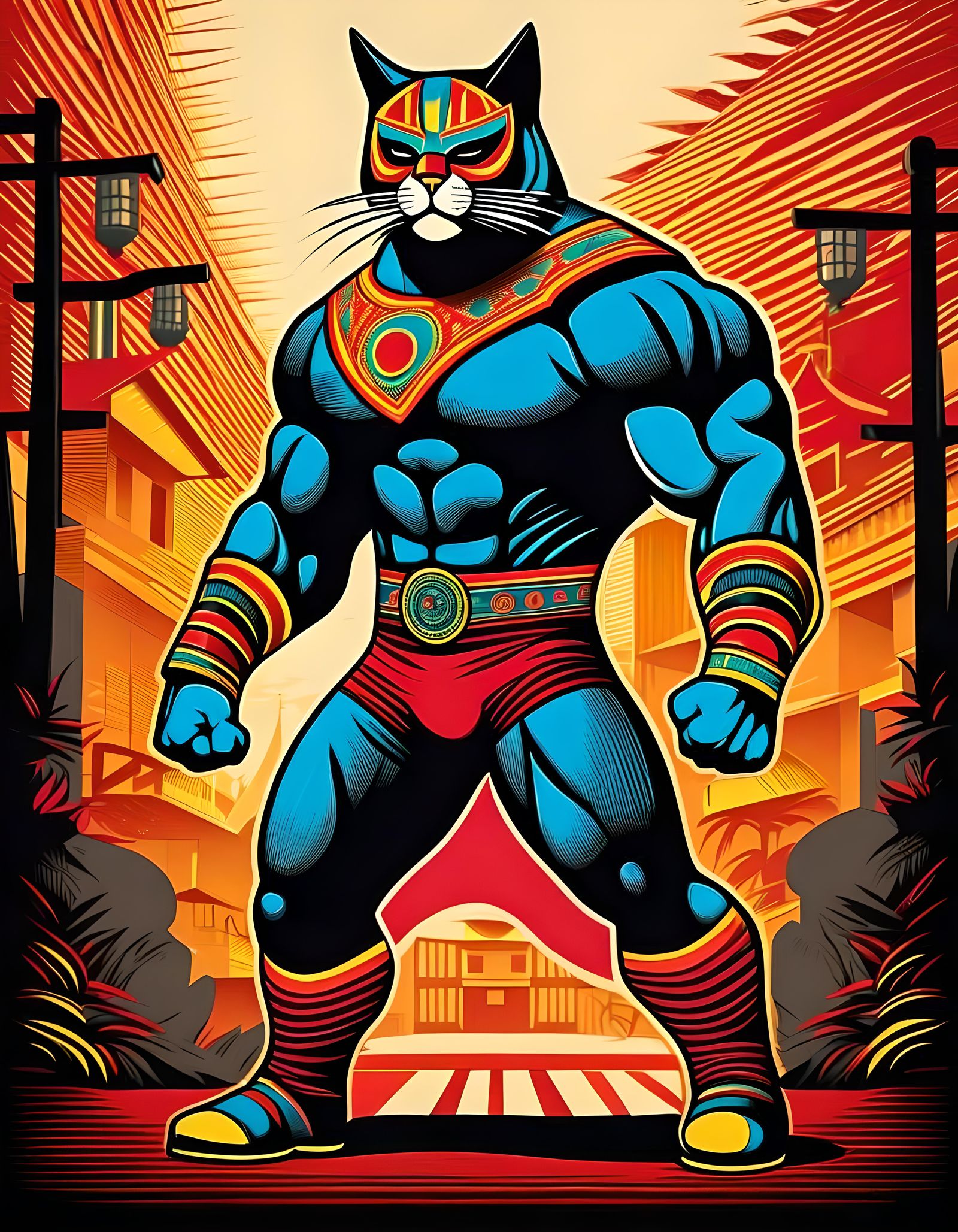 Muscled Cat Wrestler in Grotesque Woodcut Style