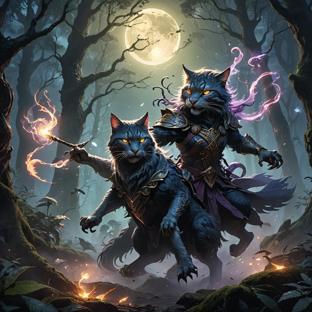 Protective Feline Defends Young in Mystical Forest