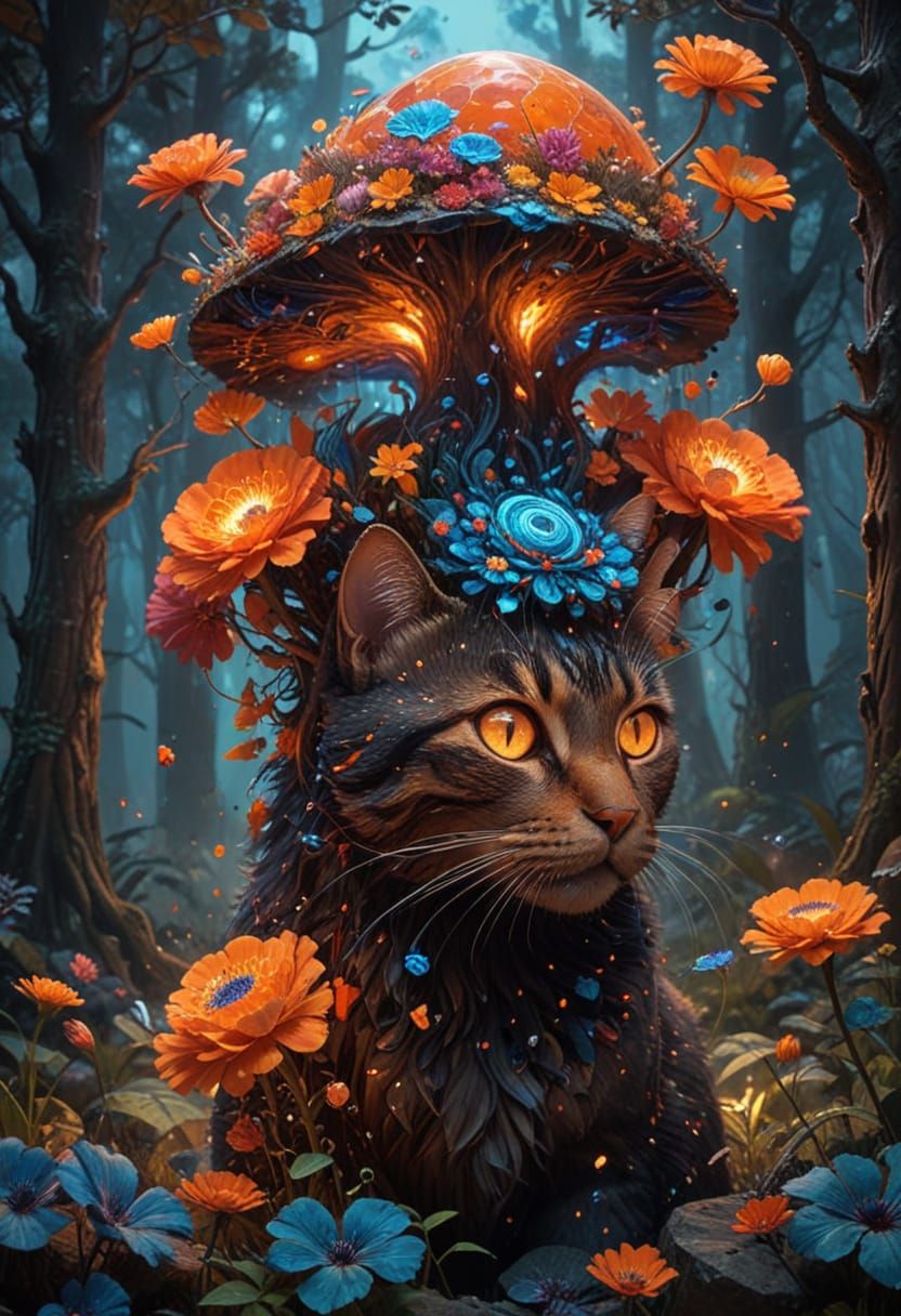 Vibrant Surreal Cat in a Dreamlike Forest Landscape