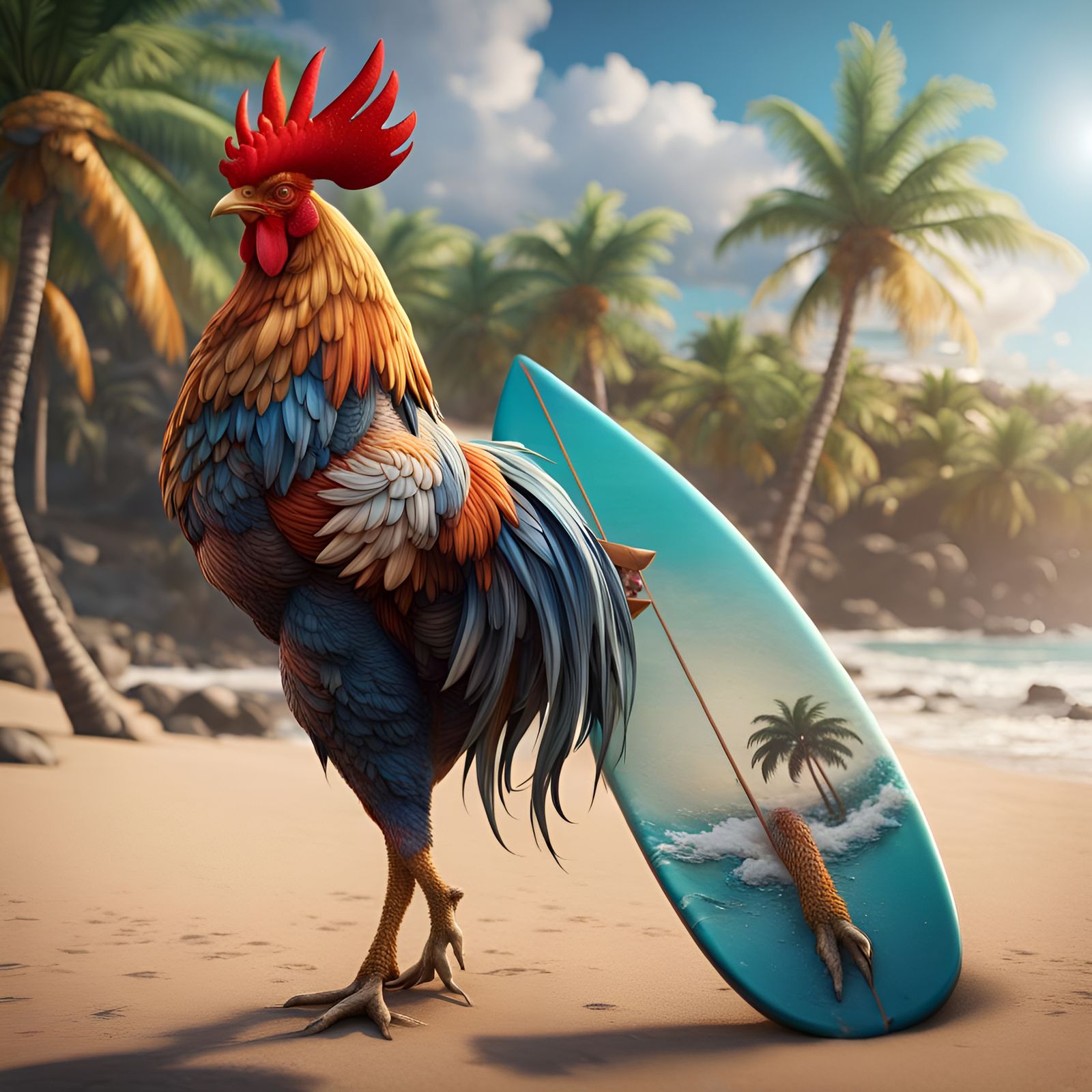 Colorful Rooster on Beach: Fantasy Art