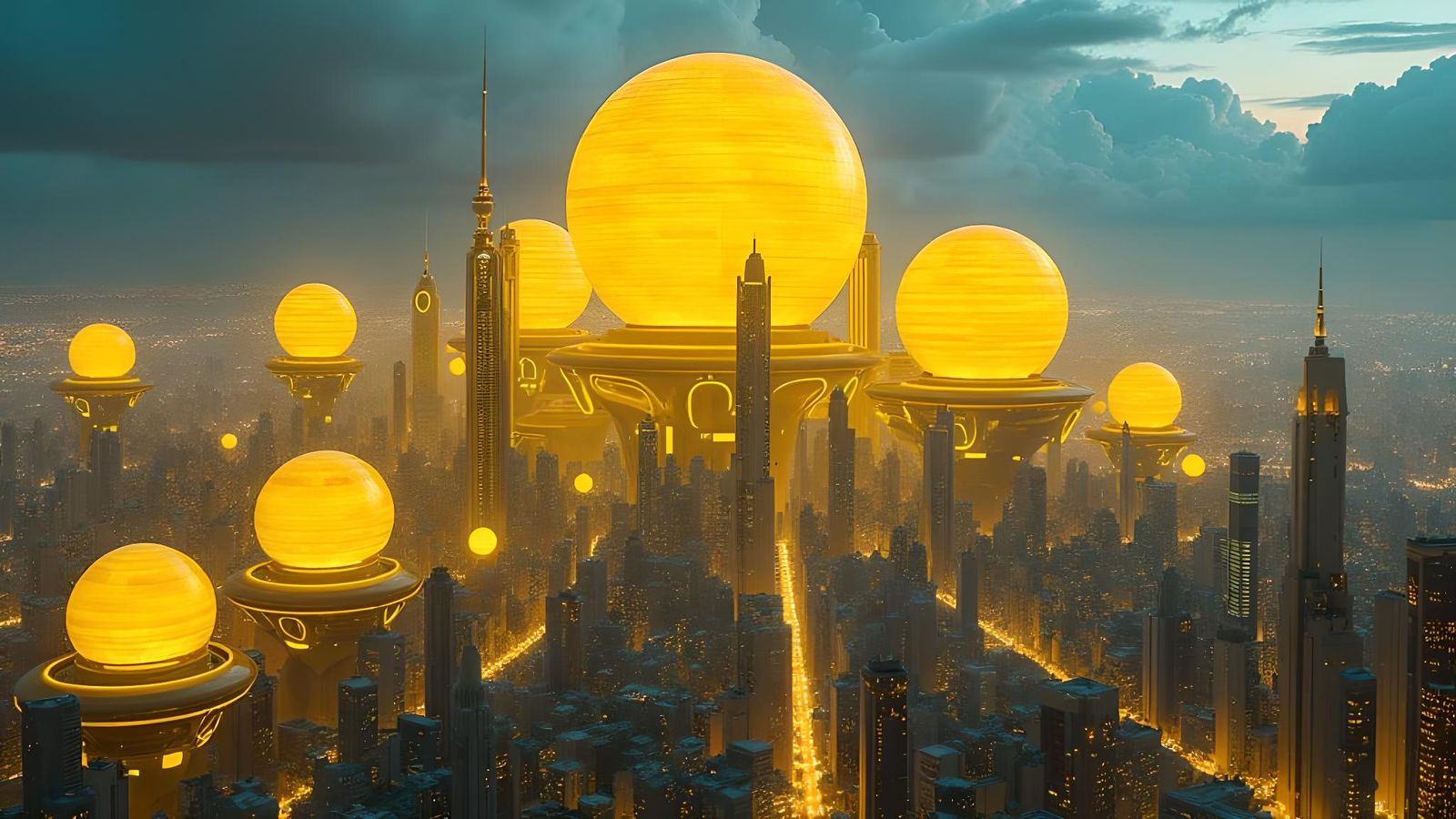 Yellow Spherical Cyberpunk City Panoramic View