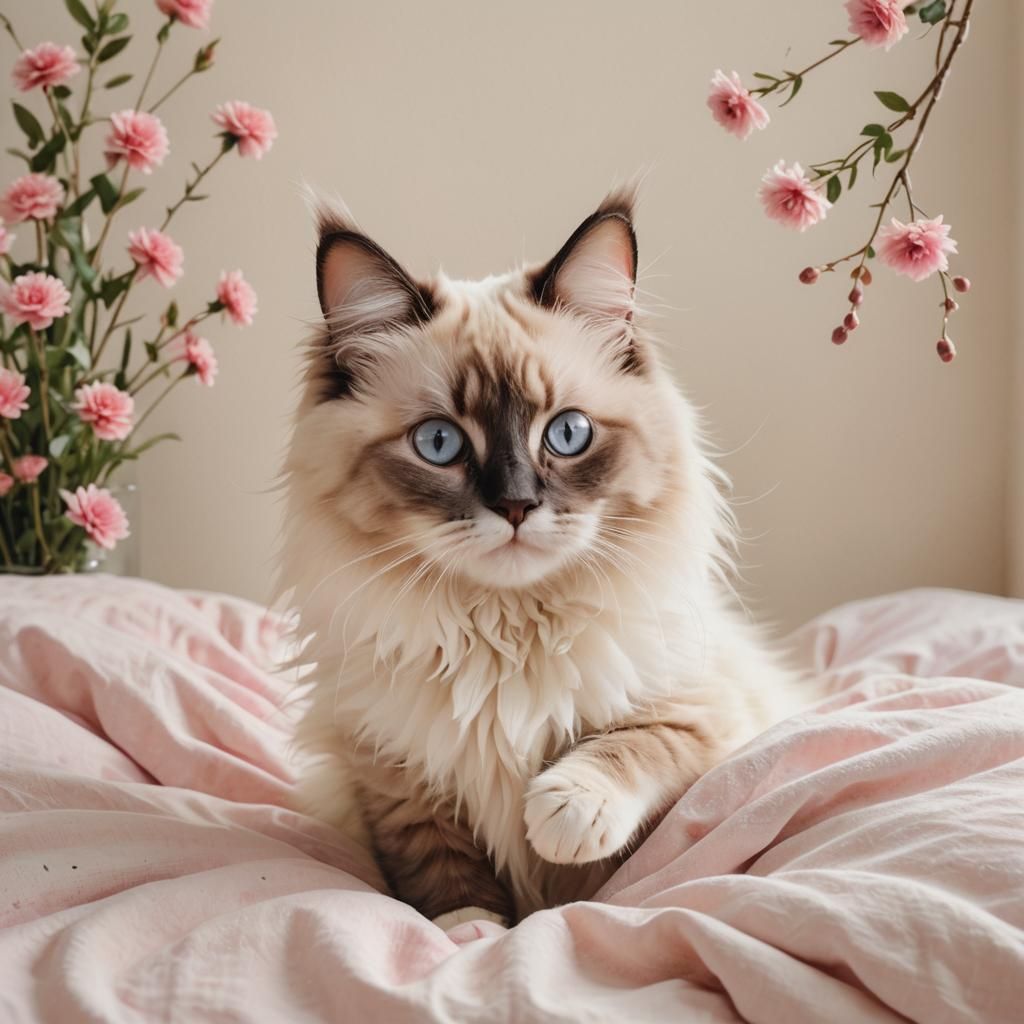 Whimsical Watercolor: Ragdoll Cat Jumps on Bed