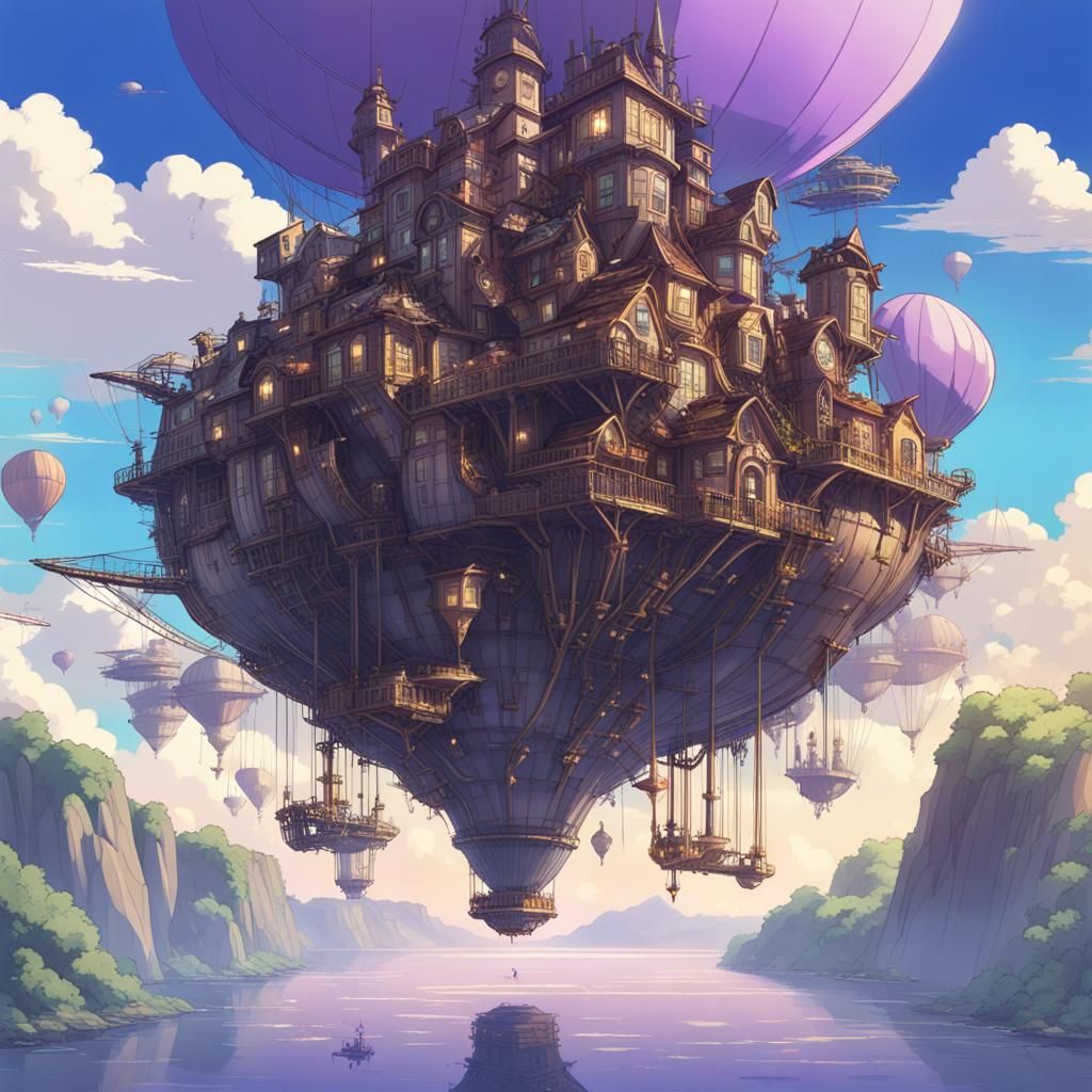 Steampunk Flying City with Airships, Ghibli-esque Style