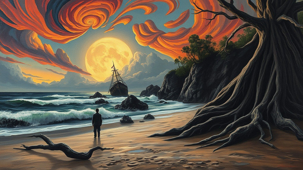 Surrealist Pirate Cove at Twilight: Impasto Painting