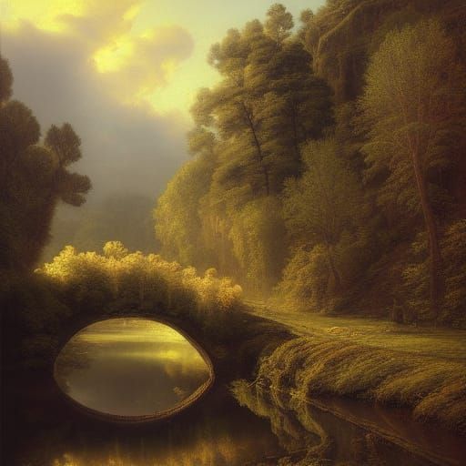 Italianate Landscape Painting with Bridge in Chiaroscuro Sty...