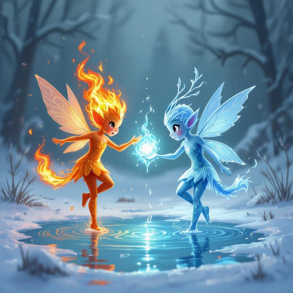 Fire and Ice Sprites Dance Around Water